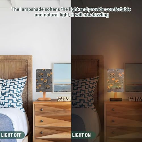 Table Lamp Construction Car Truck Excavator Nightstand Lamp with Wood Base Fabric Lamp Shade Bedside Desk Lamp for Living Room Bedroom Kids Room Office