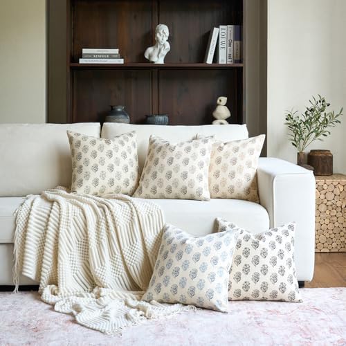 FIOUOVO Floral Vintage Throw Pillow Covers 20x20 Pillow Cover Block Print Decorative Cushion Covers Farmhouse Neutral Accent Home Décor for Sofa Couch Living Room Bedroom, 1PC, Aqua Blue