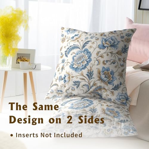 Blue Flowers Chinoiserie Print Throw Pillow Covers 24x24 Inch Set of 2 Vintage Floral Boho Cottage Spring Fall Decor Cushion Cover Neutral Accent Modern Pillowcase for Home Bedroom Sofa Couch