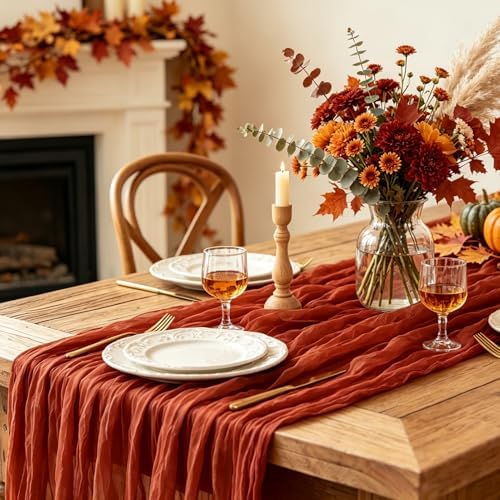 Fall Table Runner, 10FT Thanksgiving Terracotta Cheesecloth Table Runner 35*120inch Burnt Orange Decor for Autumn Fall Wedding Baby Shower Friendsgiving Thanksgivig Home Kitchen Table Decorations
