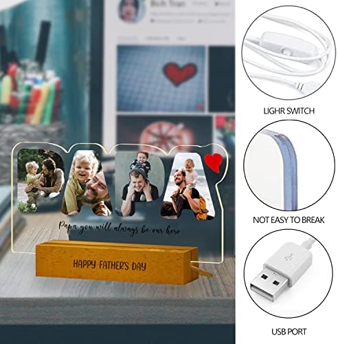 Personalized Photo Acrylic PAPA Sign Plaque Gifts for Dad Papa Grandpa from Daughter Son Wife Customizable LED Night Light Wooden Base Lamps Desk Bedroom Decor Signs