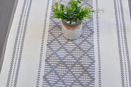 Long Dining Table Runner with Tassels 14 x 90 Inches, Gray & Off White / Woven Washable Console Table Cover / Boho Dresser Scarf Grey / Farmhouse Bohemian Table Top Decorations with Fringe