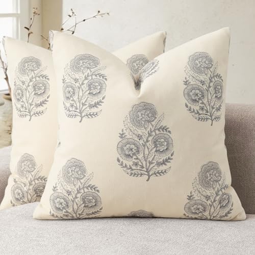 YCOLL Vintage Floral Print Pillow Covers 18x18 Set of 2 Patterned Accent Decorative Cushion Covers Modern Farmhouse Throw Pillow Covers for Sofa Couch Chair Bed Living Room Home Decor, Quiet Gray