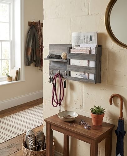 Wall-Mounted Key Holder Hooks - Rustic Wood Weathered Grey & Black - Entryway Organizer for Mail, Leashes, and Purses - Floating Shelf, 16.5” W x 9.75" H x 4.5” D
