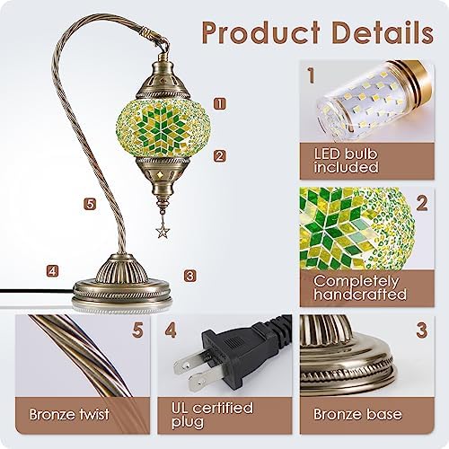 Yarra-Decor Turkish Moroccan Lamp with Bronze Base 3 Color Options Handmade Swan Neck Mosaic Glass Bedside Lamps for Bedroom (LED Bulb Included)(Green2)
