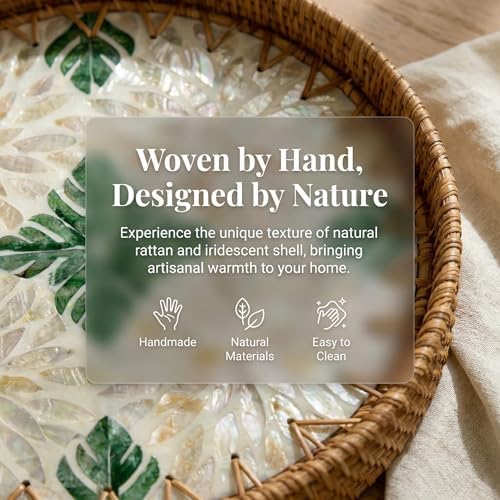 Boho Handwoven Rattan Tray with Mother of Pearl Inlay, 30cm Round Decorative Tray, Wooden Base Serving Tray for Breakfast, Vanity, Coffee Table & Wall Hanging Decor (Size:Middle, Pattern:Greenleaf)
