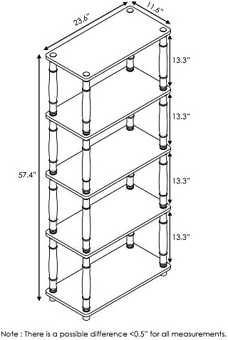 Furinno TURN-S-TUBE Storage Shelves, 5-Tier Book Shelf, Corner Shelf, Toolless Open Shelves, Classic Tubes, for Organization and Storage, Living Room, Garage, Home Office, Light Cherry