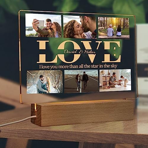 Personalized Photo Acrylic LOVE Sign Plaque Gifts for Couples Girlfriend Boyfriend Wife Husband Customizable LED Night Light Wooden Base Lamps Desk Bedroom Decor Signs