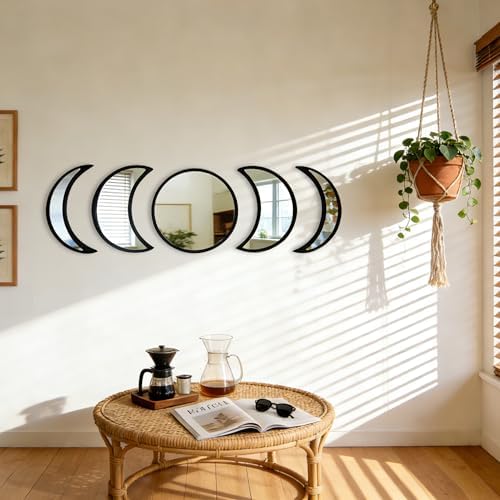 5-piece Set of Moon Phase Mirror Decorations in Nordic Style, Acrylic Mirror paired with Wooden Combination, Bohemian Style Living Room Bedroom Home Decoration, Black (Black)