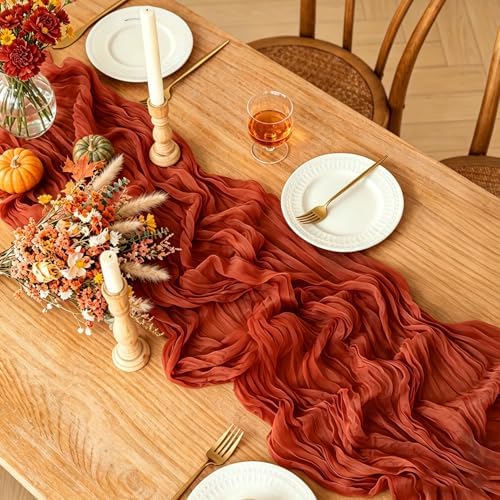 Fall Table Runner, 10FT Thanksgiving Terracotta Cheesecloth Table Runner 35*120inch Burnt Orange Decor for Autumn Fall Wedding Baby Shower Friendsgiving Thanksgivig Home Kitchen Table Decorations