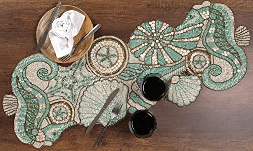 Beaded Table Runner 13x36 Coastal Sea Shell Premium Glass Beads & Polyester Ideal for Wedding Home Décor Christmas & Family Gathering (Multi) - ALPHA Living HOME