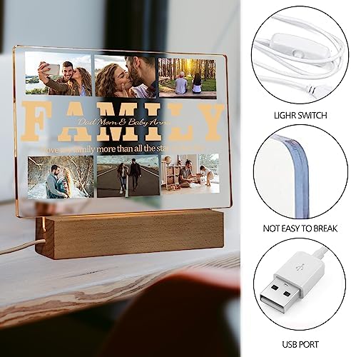 Personalized Photo Acrylic HAPPY FATHERS DAY Sign Plaque Gifts for Dad Papa Grandpa from Daughter Son Wife Customizable LED Night Light Wooden Base Lamps Desk Bedroom Decor Signs (LEDsign-Family-6