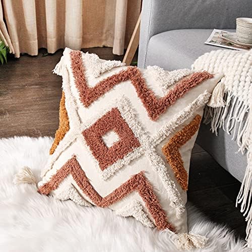 JASEN Boho Throw Pillow Cover with Tassels, Woven Tufted Decorative Pillow Cover, Orange Pillow Covers 18x18 for Couch Sofa Bedroom Living Room（No Pillow Insert, 1Pcs）