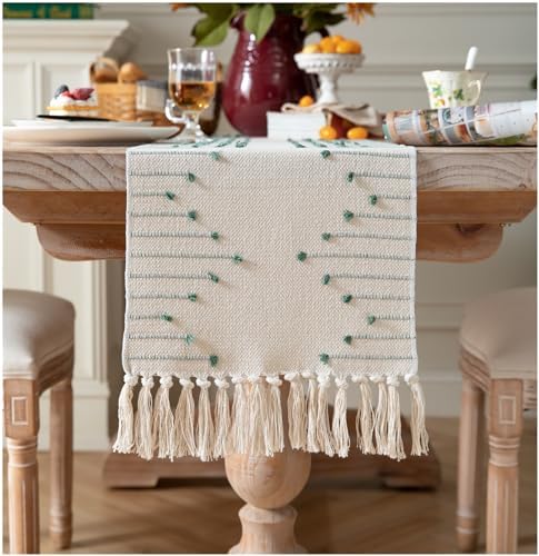 Boho Table Runner 13 x 60 Inch Long Natural Cotton Woven Runner with Tassels for Home Dining Table décor, for Modern Farmhouse Decor Coffee Table Runner, Green and Beige