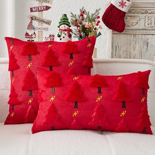 Kevin Textile Christmas Tree Pillow Covers 18x18 Inch Set of 2 Twinkle Golden Star Embroidery Soft Plush Faux Fur Throw Pillowcases for Couch Sofa Holiday Festivals Winter Xmas Gift, Red