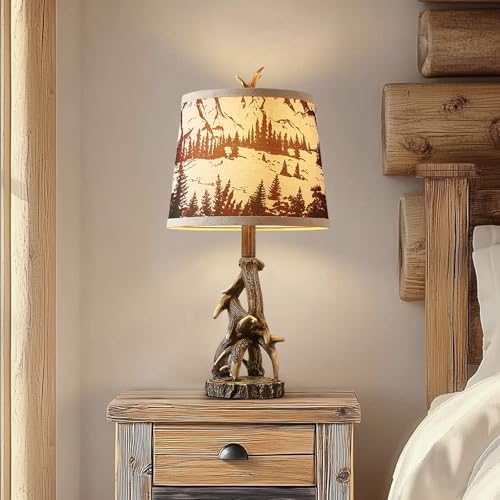 23'' Rustic Deer Antler Table Lamps Set of 2 for Log Cabin Bedroom Nightstand Western Country Side Lamp for Living Room End Table Study Room Desk, Brown, Forest Print Shade