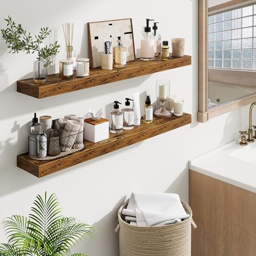 Fun Memories 40 Inch Floating Shelves, Long Wood Wall Shelf Set of 2 with Invisible Brackets, for Bathroom, Living Room, Bedroom, Kitchen, Rustic Brown