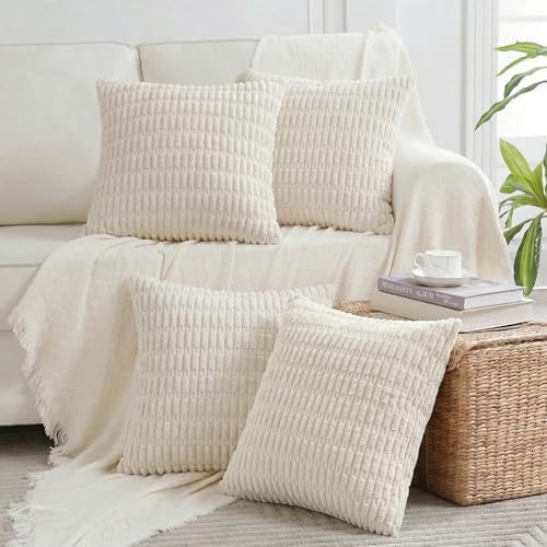 Fancy Homi 4 Packs Decorative Throw Pillow Covers for Living Room Couch Bed, Modern Farmhouse Boho Home Décor Accent Cushion Case, 16" x 16", Cream