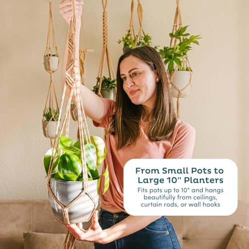 Nook Theory 6-Pack Macrame Plant Hangers with 12 Hooks - Hanging Planters for Indoor Plants, Boho Macrame Hangers Indoor Outdoor, Decorative Plant Hanger Indoor (Light Gray)