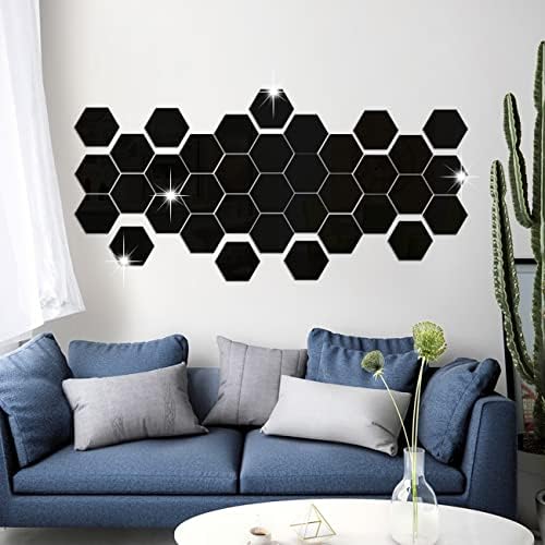 RW-103 36 PCS Acrylic Mirror Wall Stickers Hexagon Mirror Wall Decals DIY Removable 3D Geometric Hexagon Mirror Art Setting Wall Decor for Bedroom Living Room Office Kitchen Home Decoration (Black)