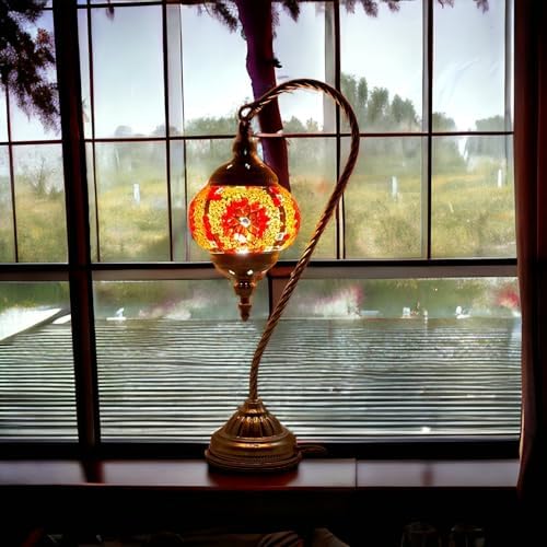 SILVERFEVER Handcrafted Mosaic Turkish Lamp Moroccan Glass Table Desk Bedside Light Bronze Base with E12 Bulb (Yellow Starburst Burst)