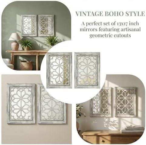 Set of 2 13x17 Inch Rectangular Shatterproof Decorative Wall Mirrors, Boho Farmhouse Rustic Vintage Grey Accent Mirrors for Living Room, Bedroom, Entryway & Home Wall Decor（Grey）