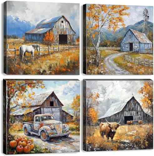 Colorful Wildflower Wall Art Farmhouse Barn Pictures Wall Decor Autumn Forest Painting Rustic Windmill Truck Horse Canvas Prints Country Artwork for Bedroom Living Room Home Decoration 20x20" 4Pcs