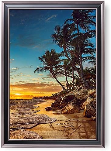 Sunset Beach Love in Heart Framed Arts Artwork with Couple's Names and Date on,Perfect Love Gift for Anniversary,Wedding.With Different Frame Styles Framed Size:33 5/8 x 23 5/8 inches