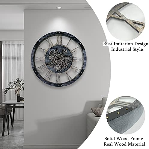 24 Inch Industrial Steampunk Wall Clock, Oversized Solid Wood Frame, Battery Operated, Large Wall Clock with Real Rotating Gears, Gray
