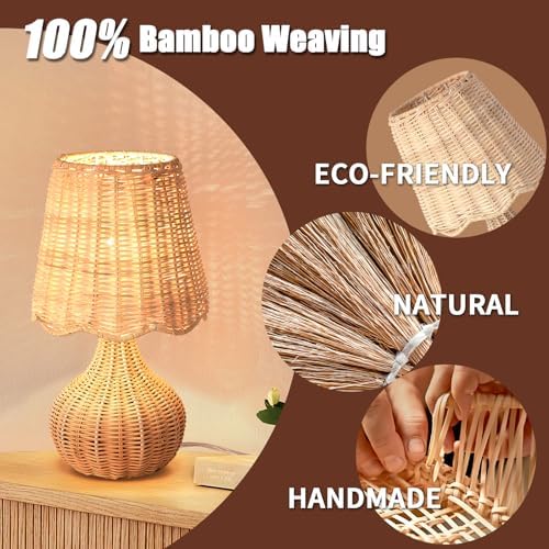 Ziqqeelam Rattan Small Bedside Table Lamp for Bedroom, Boho Mini Table Lamps for Nightstand, Farmhouse Small Table Lamps for Small Spaces for Kitchen Counter, Bookshelf, Bedroom, Kids Dorm