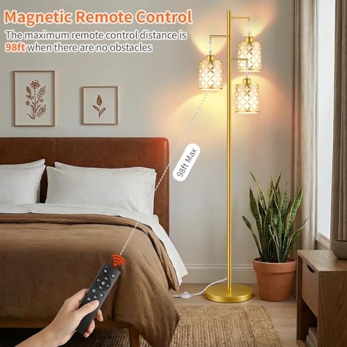 72" Dimmable Floor Lamp with Remote & Timer, Modern Industrial Standing Lamp for Living Room Bedroom, 3 Individually Controlled Heads, 2 Height Options, 3 x 800LM LED Bulbs Included - Gold