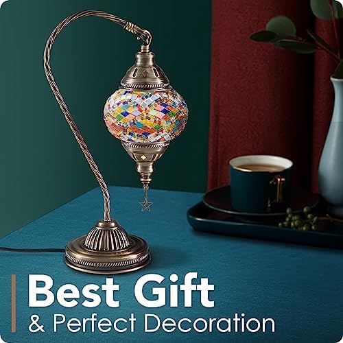 Yarra-Decor Turkish Moroccan Lamp with Bronze Base 3 Color Options Handmade Swan Neck Mosaic Glass Bedside Lamps for Bedroom (LED Bulb Included)(Colorful1)