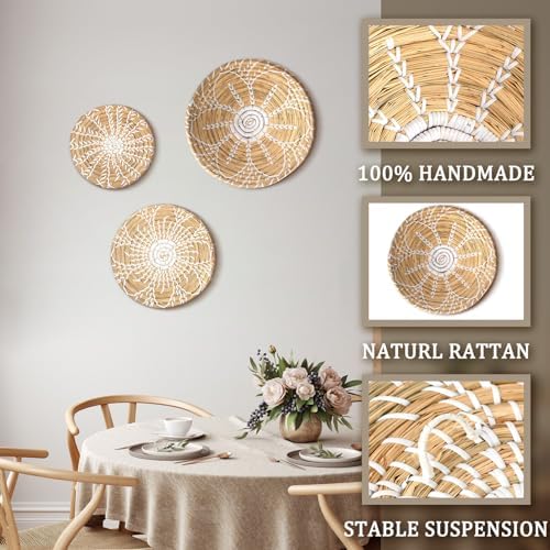 Glenmal 3 Pcs Boho Wall Basket Decor Decorative Bulrush Woven Basket Wall Decor Art Farmhouse Handmade Hanging Baskets with African Design for Living Room Display Table Settings Kitchen Home(Bright)