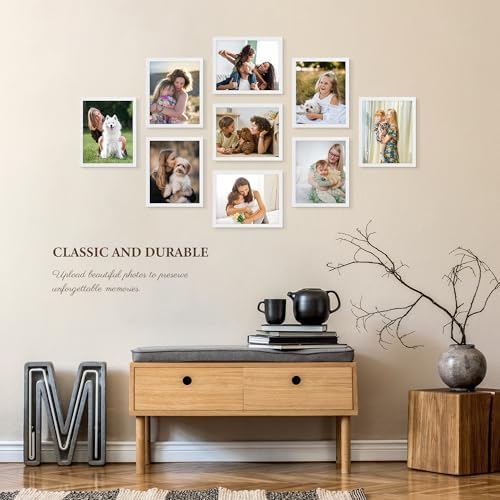 8x10 Picture Frames Set of 9 - Solid Wood Core, Not Plastic - Scratch Resistant White Wood Grain Finish