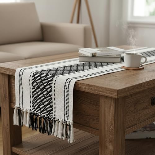 Coffee Table Runner 14 x 48 Inches Black & Cream Woven Washable Boho Tassel Dresser Scarf Topper for Furniture Farmhouse Short Table Cover with Fringe