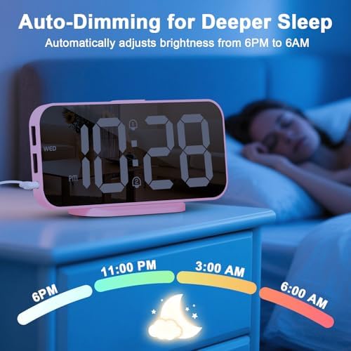 ALANAS Pink Mirror Digital Alarm Clock for Girls & Teens, Dual Alarms, Snooze, Adjustable Brightness, 2 USB Ports, Weekday Display, Cute Bedside Clock for Kids, Bedroom, Desk, Dorm, Gift Idea