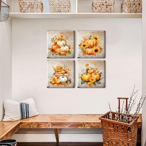 Pumpkin Canvas Wall Art Kitchen Wall Decor Rustic Sunflower Pictures Bedroom Artwork Autumn Themed Fall Festival Harvest Painting for Living Room Dinner Halloween Party Home Decorations 16x16" 4 Pcs