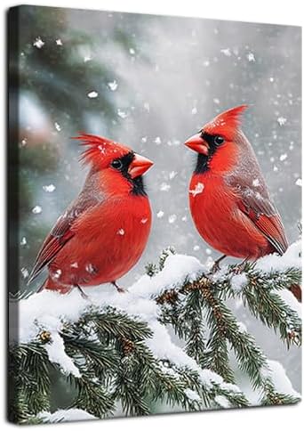 Cardinal Wall Art Christmas Red Bird Canvas Prints Cardinal Painting Winter Picture Stretched and Framed for Holiday Decor 12x16inch