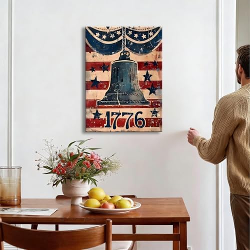 RIBNTAK Made in USA Rustic 1776 Liberty Bell with American Flag Canvas, Retro Patriotic Sign Artwork for 4th of July, Independence Day, Memorial Day Home Decoration