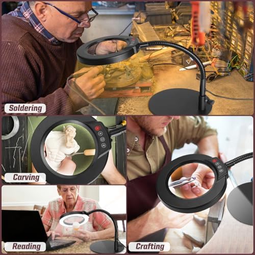 10X Magnifying Glass with Light and Phone Holder, 5 Color Modes Stepless Dimmable LED Lighted Desk Lamp with Stand, Hands Free Magnifier with Flexible Goose-Neck for Craft Hobby Painting, Black