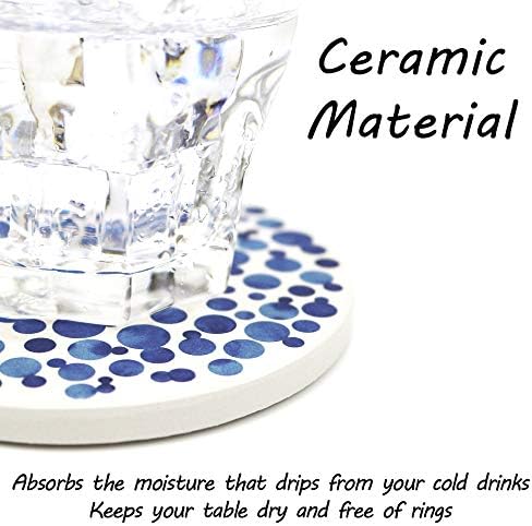 AD Set of 6 Coasters for Drinks Absorbing Round Ceramic Stone Coaster with Cork Base,Tabletop Protection Mat for Mugs and Cups,Office,Kitchen (Indigo Blue with Holder)