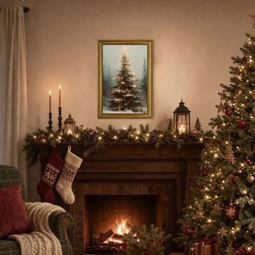 Fantasy Artists Christmas Framed Canvas Wall Art, Lighted Christmas Tree in Snowy Forest Gold Frame Print, Vintage Winter Holiday Decor for Living Room Bedroom Entryway, Ready to Hang, 16" Wx24 H