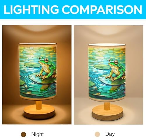 Frog Table Lamp LED 3-Color Pressed Bedside, Frog Shade Lamp with Wood Base for Bedroom Living Room Desk Office TL01