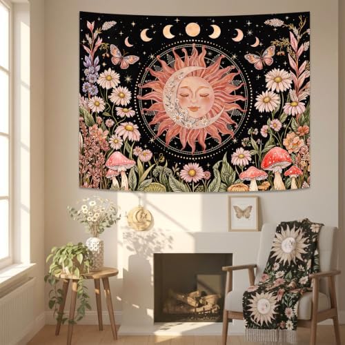Accnicc Vintage Sun and Moon Boho Hippie Floral Tapestry 60x44 Inch