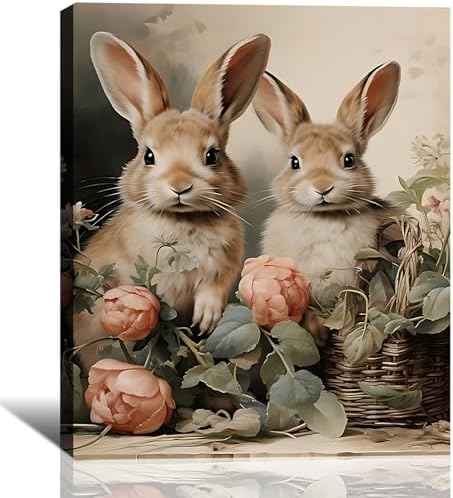 Rustic Bunny & Flowers Canvas Wall Art Framed Rabbit Canvas Prints Picture for Fireplac,Hallway, Farmhouse Spring Easter Wall Decor & Holiday Decoration for Bedroom Bathroom 8x12 In