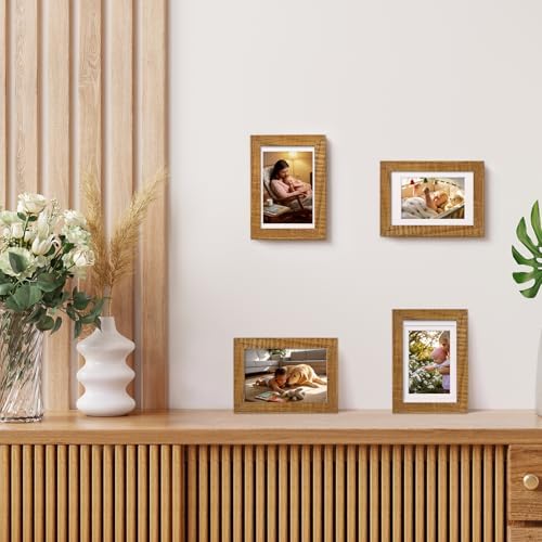 Egofine 4x6 Picture Frames Made of Solid Wood with Plexiglass Set of 4, Display Pictures 3x4.5 and 3.5x5 with Mat or 4x6 Without Mat for Tabletop and Wall Mounting, Teak Wood