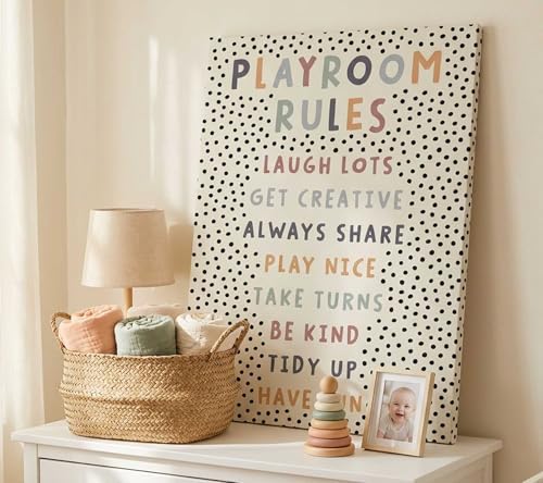 Kids Playroom Canvas Wall Art, Neutral Playroom Rules Painting Picture Wall Decor, Boho Classroom Educational Poster Print Artwork for Classroom, Nursery, Toddler Home Decoration, 16x24in Framed