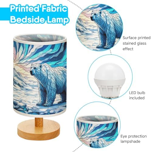 Polar Bear Table Lamp LED 3-Color Pressed Bedside, Polar Bear Shade Lamp with Wood Base for Bedroom Living Room Desk Office TL01