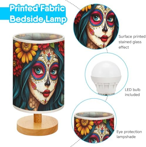 Sugar Skull Girl Table Lamp LED 3-Color Pressed Bedside, Sugar Skull Girl Shade Lamp with Wood Base for Bedroom Living Room Desk Office TL01