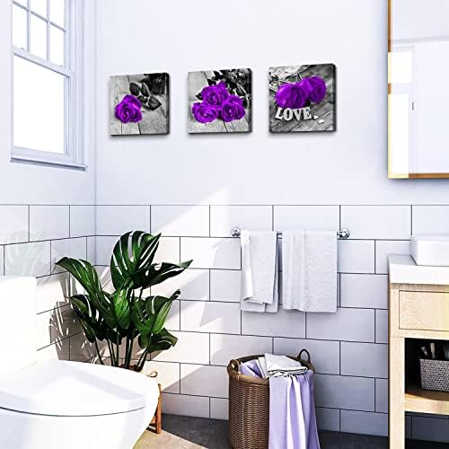 Purple Wall Decor for Bathroom Rose Flower Pictures Purple Bedroom Decor | Black and White Floral Canvas Prints Rustic Farmhouse Flower Wall Art Modern Romantic Artwork Living Room Decor 12x12" 3 Pcs